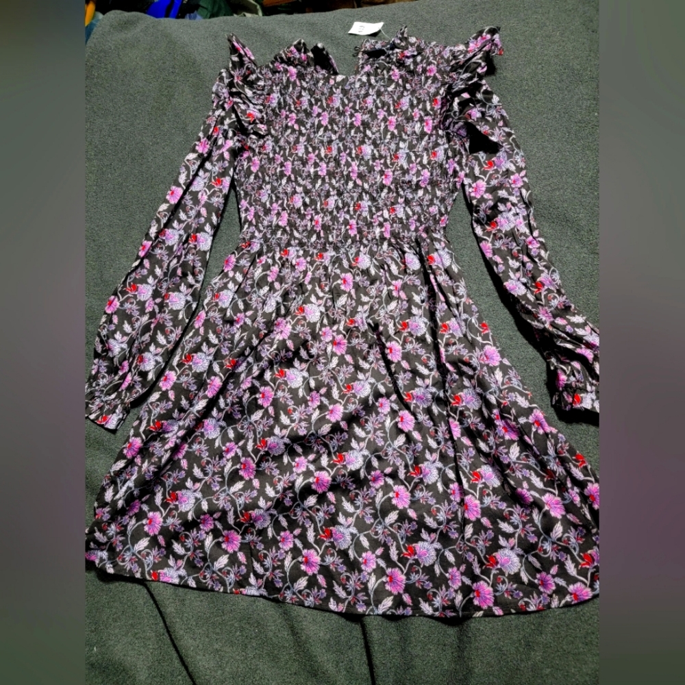 Gap Puffed Sleeve Smocked Floral Dress- Size Small Deep Purple Floral Print
